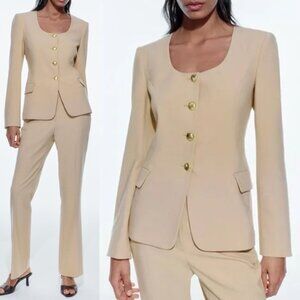 Zara Round Neck Blazer Jacket M Gold Buttons Beige Structured Classic 2492/771
